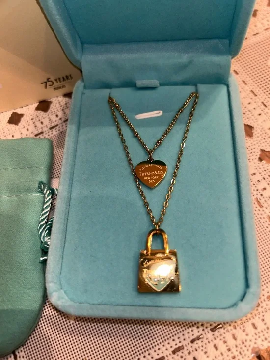Tiffany & Co. Gold Heart and Padlock Layered Necklace with Blue Accents - Picture 3 of 4